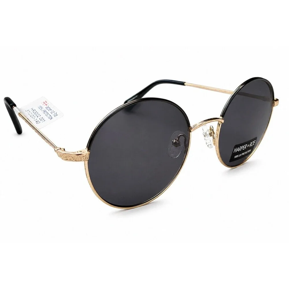 Harper + Roe Round Gold Tone Sunglasses Black Lenses Retro Boho Festival NWT